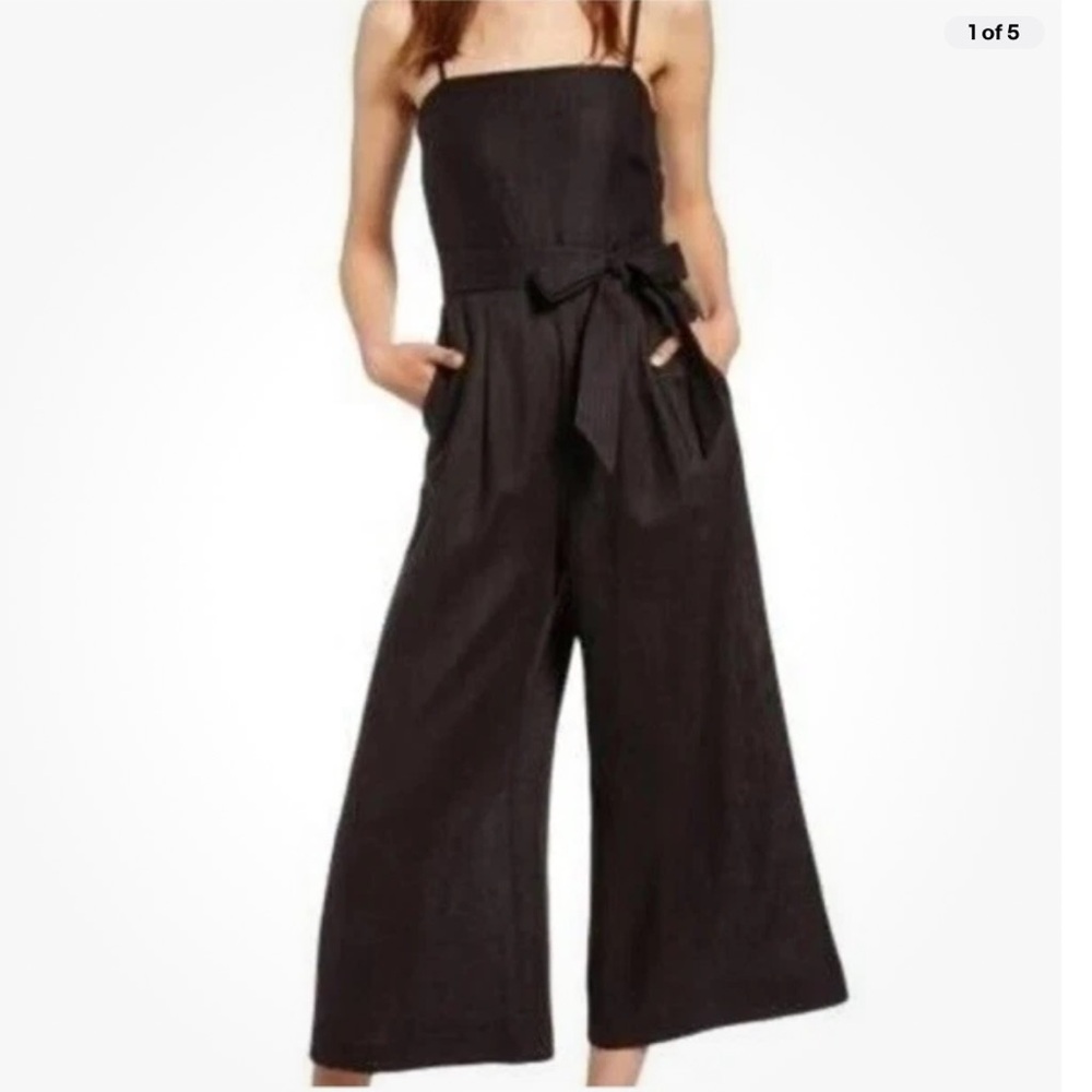 J. Crew Black Linen Spaghetti Strap Wide Leg Tie Belt Jumpsuit NEW